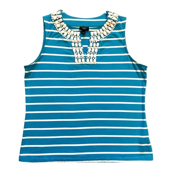 Talbots Striped Sleeveless Tank Top With Chunky Jewel Collar Size PLarge - Picture 2 of 10